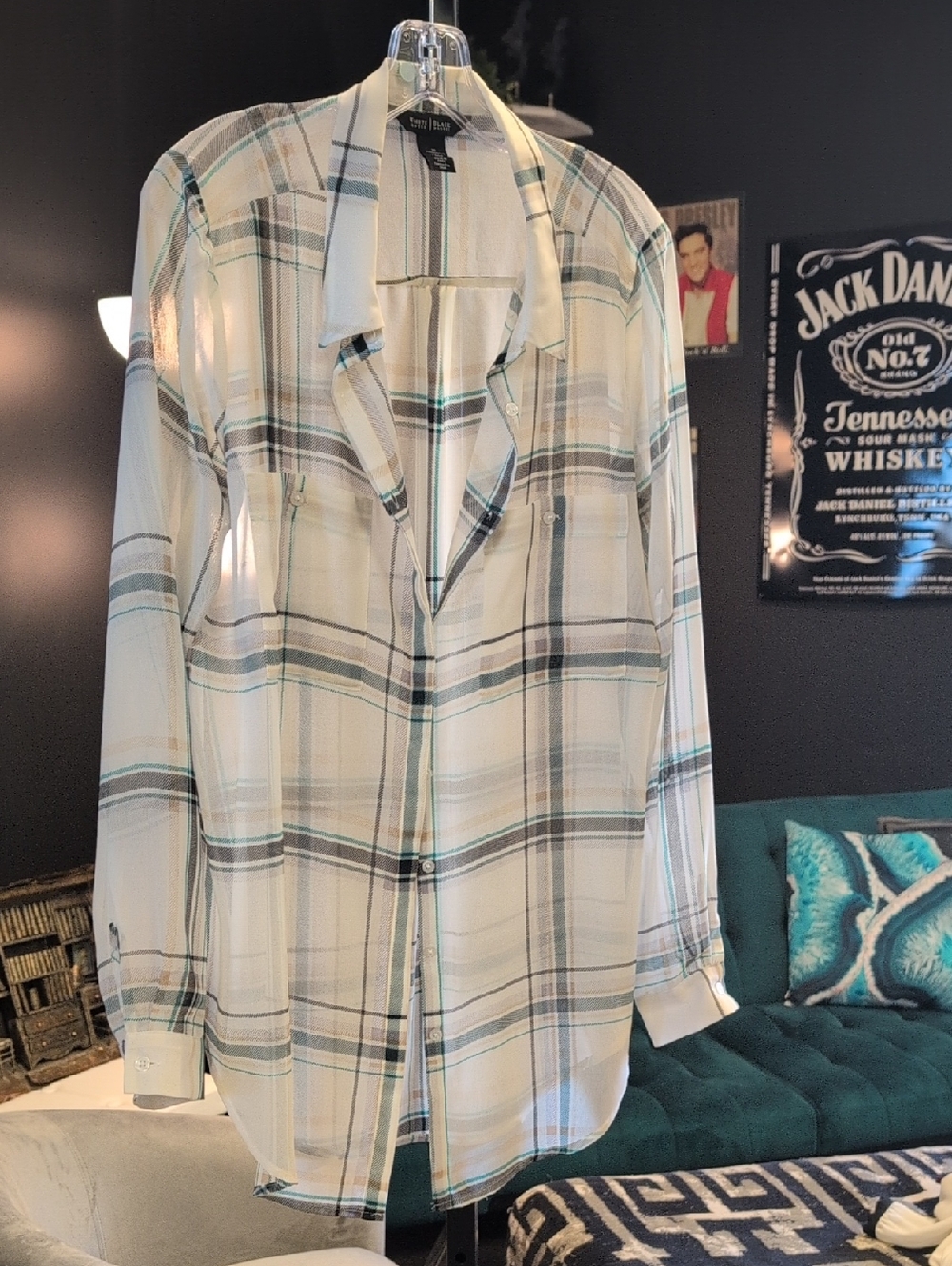 White House Black Market Black and Teal Striped Top